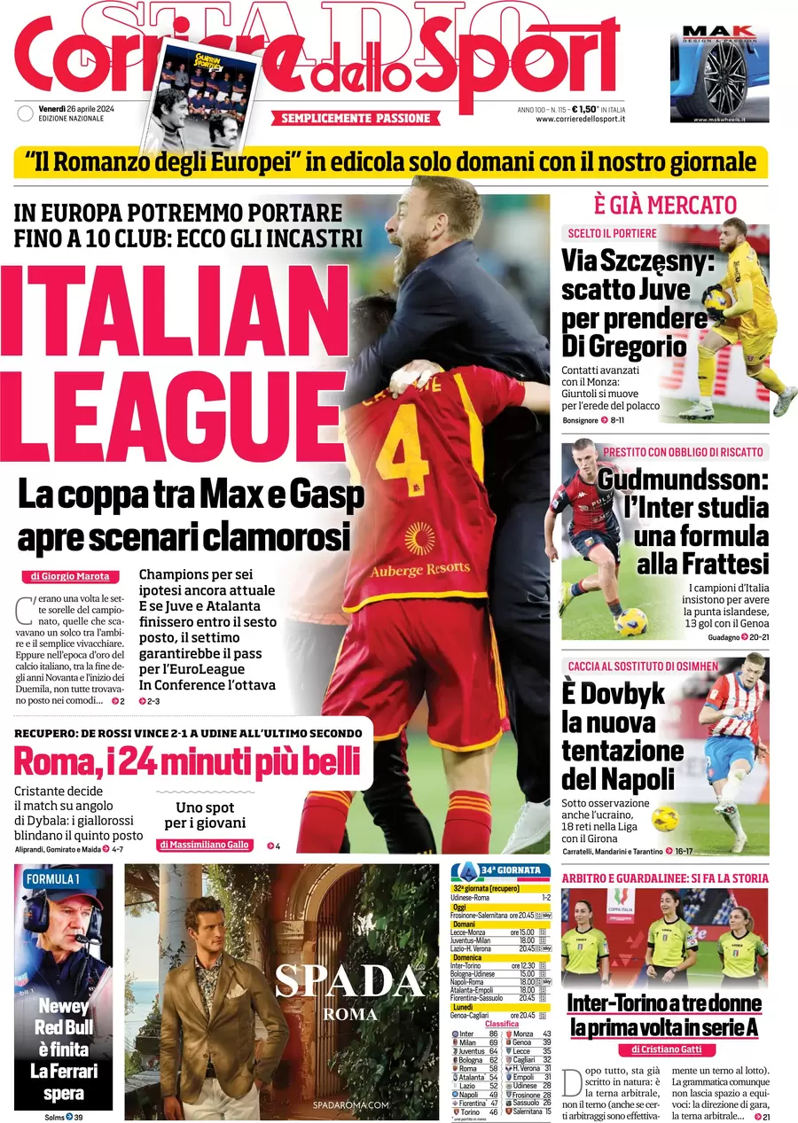 prima pagina - Corriere dello Sport del 26/04/2024