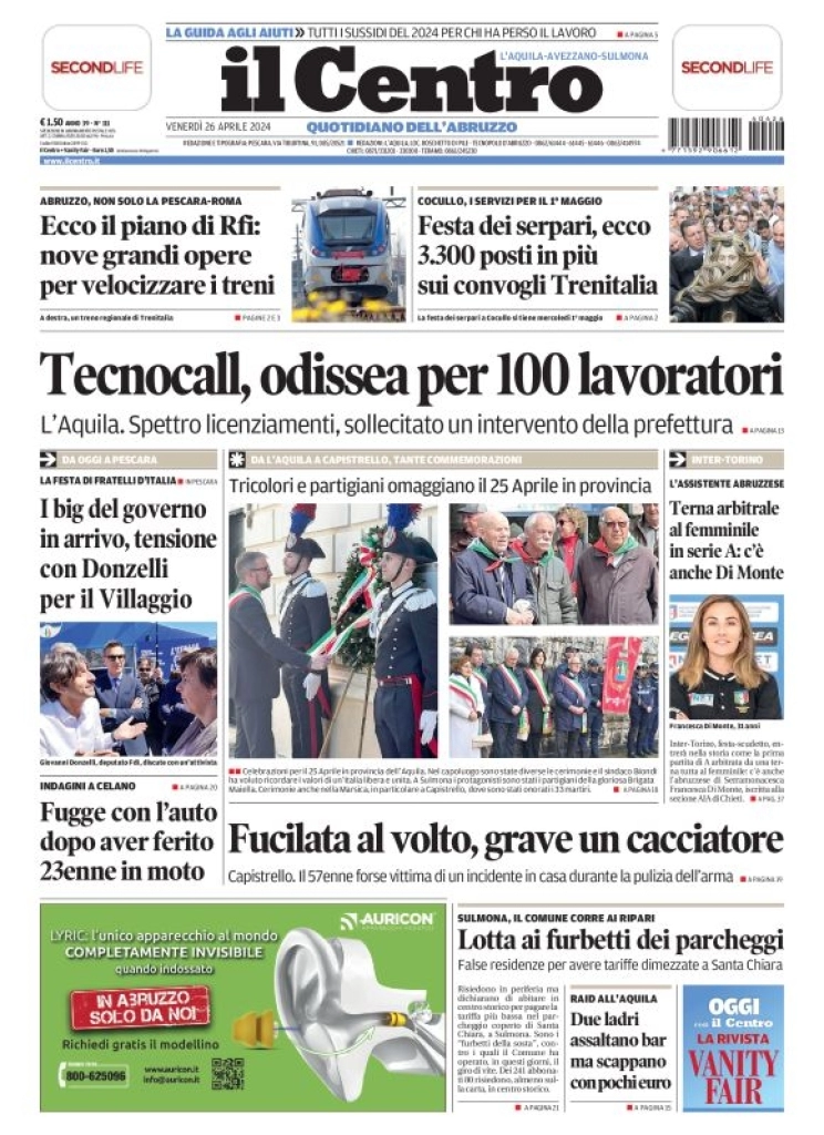 prima pagina - Il Centro (L'Aquila) del 26/04/2024