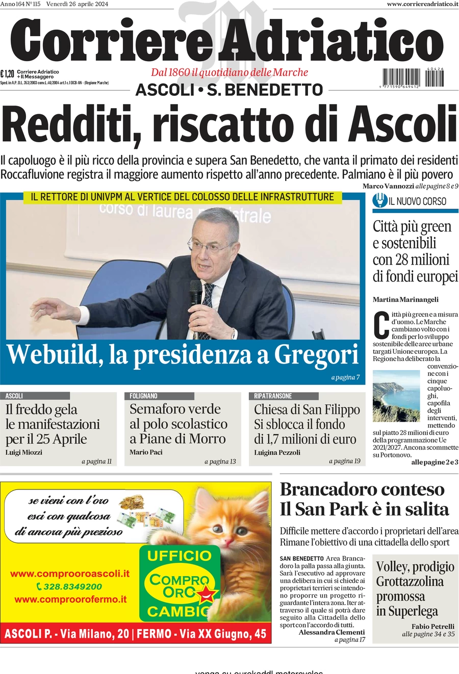 anteprima della prima pagina di corriere-adriatico-ascoli del 26/04/2024