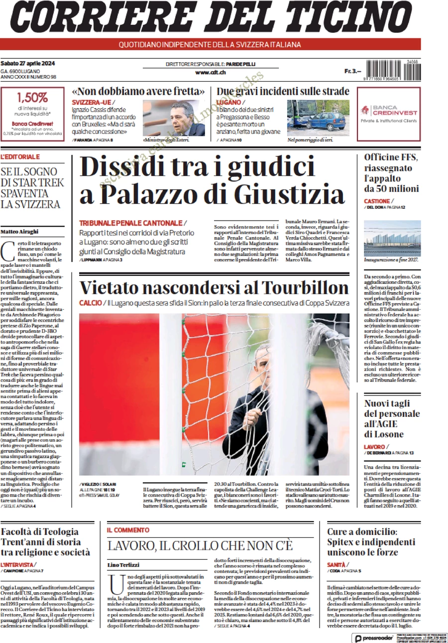 prima pagina - Corriere del Ticino del 27/04/2024
