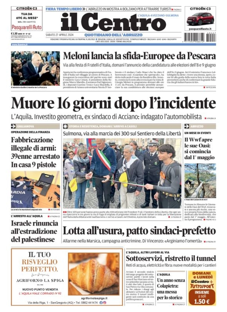 prima pagina - Il Centro (L'Aquila) del 27/04/2024