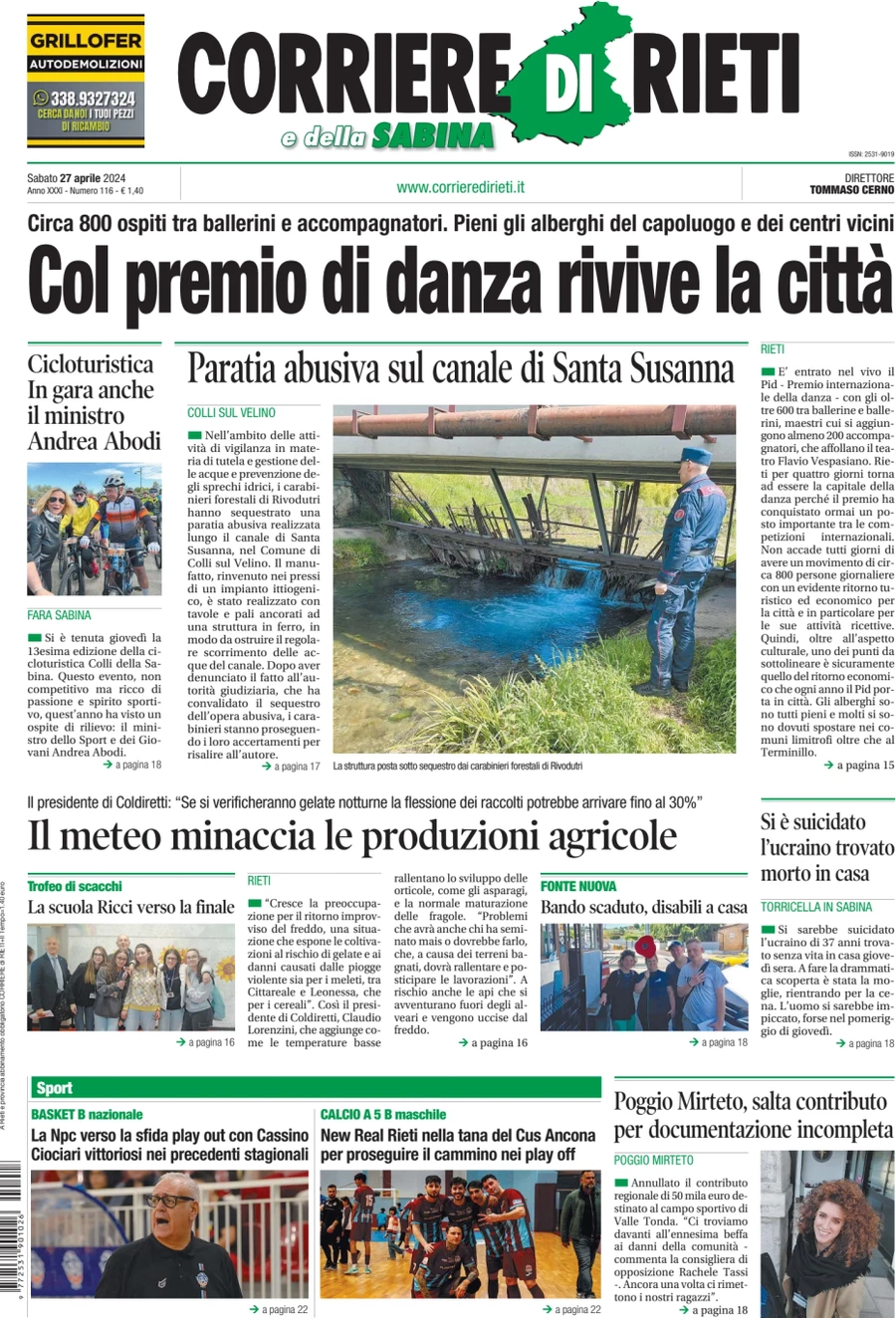 anteprima della prima pagina di corriere-di-rieti-e-della-sabina del 27/04/2024