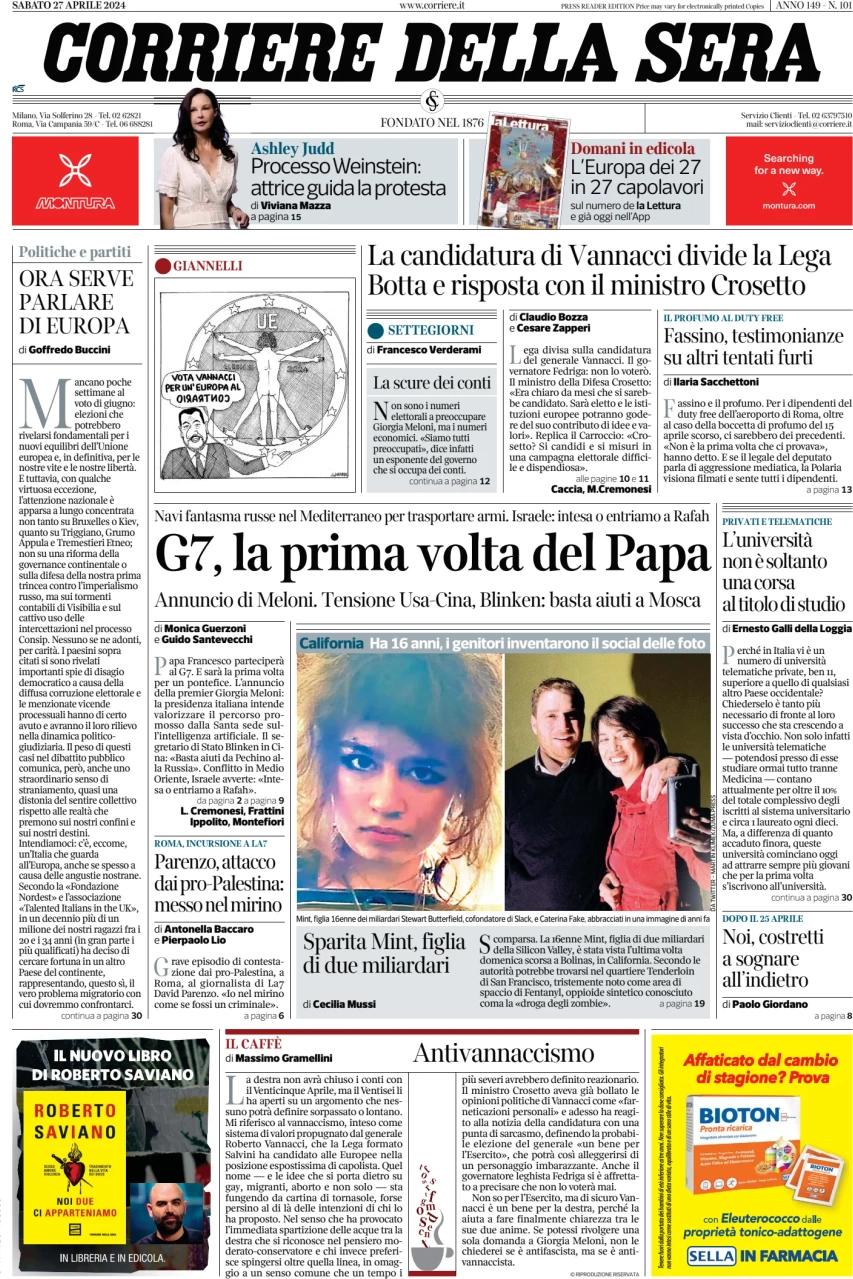 prima pagina - Corriere della Sera del 27/04/2024