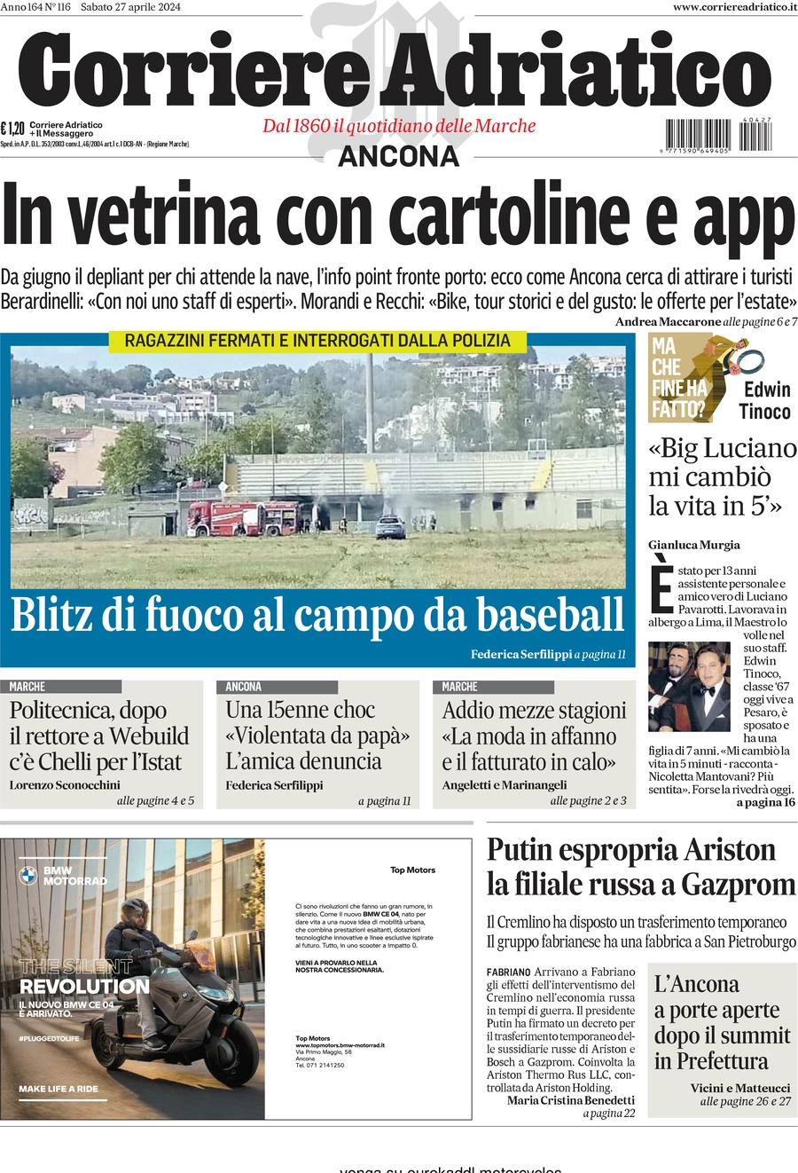 anteprima della prima pagina di corriere-adriatico-ancona del 27/04/2024