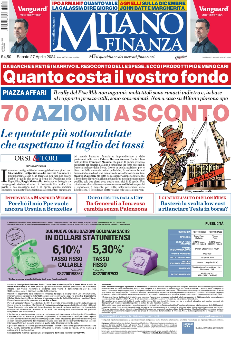 prima pagina - MF Milano Finanza del 27/04/2024