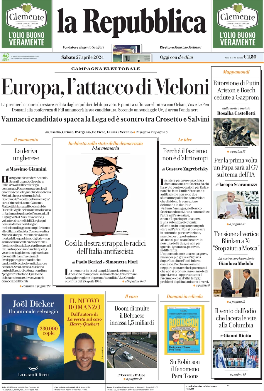 prima pagina - La Repubblica del 27/04/2024