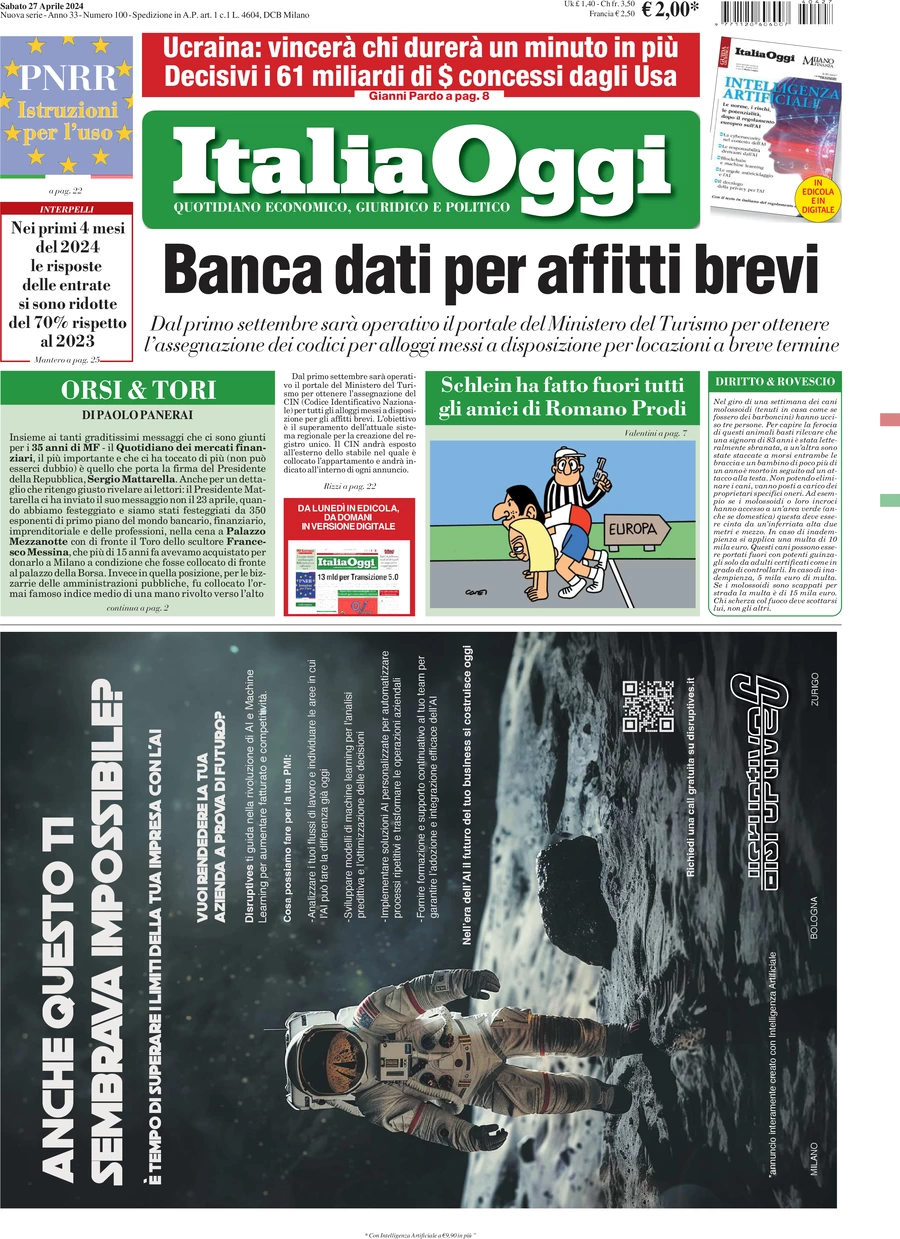 prima pagina - ItaliaOggi del 27/04/2024