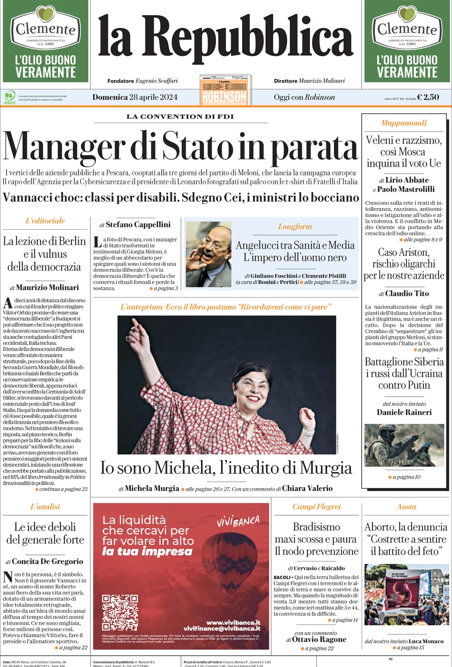 prima pagina - La Repubblica del 28/04/2024
