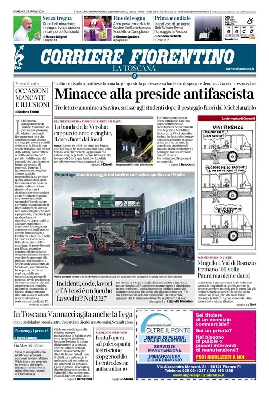 anteprima della prima pagina di corriere-fiorentino del 28/04/2024