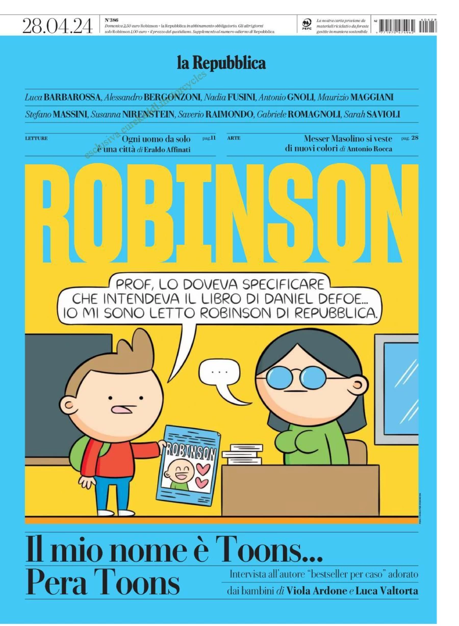anteprima della prima pagina di robinson-la-repubblica del 28/04/2024