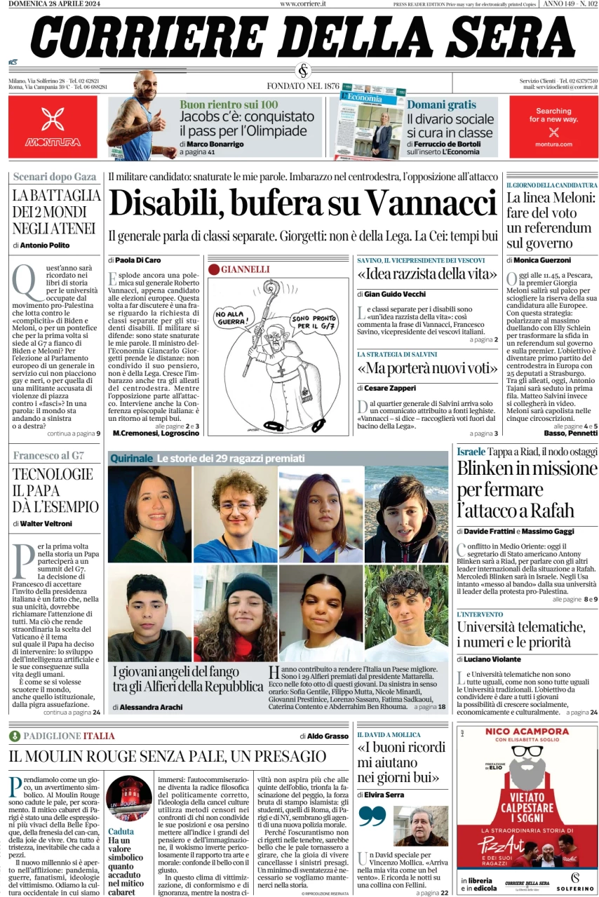 prima pagina - Corriere della Sera del 28/04/2024