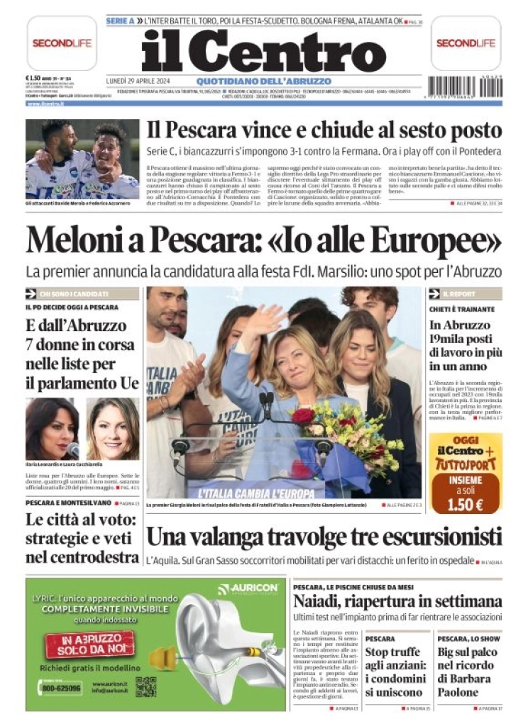prima pagina - Il Centro (Pescara) del 29/04/2024