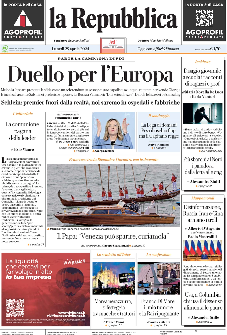 prima pagina - La Repubblica del 29/04/2024