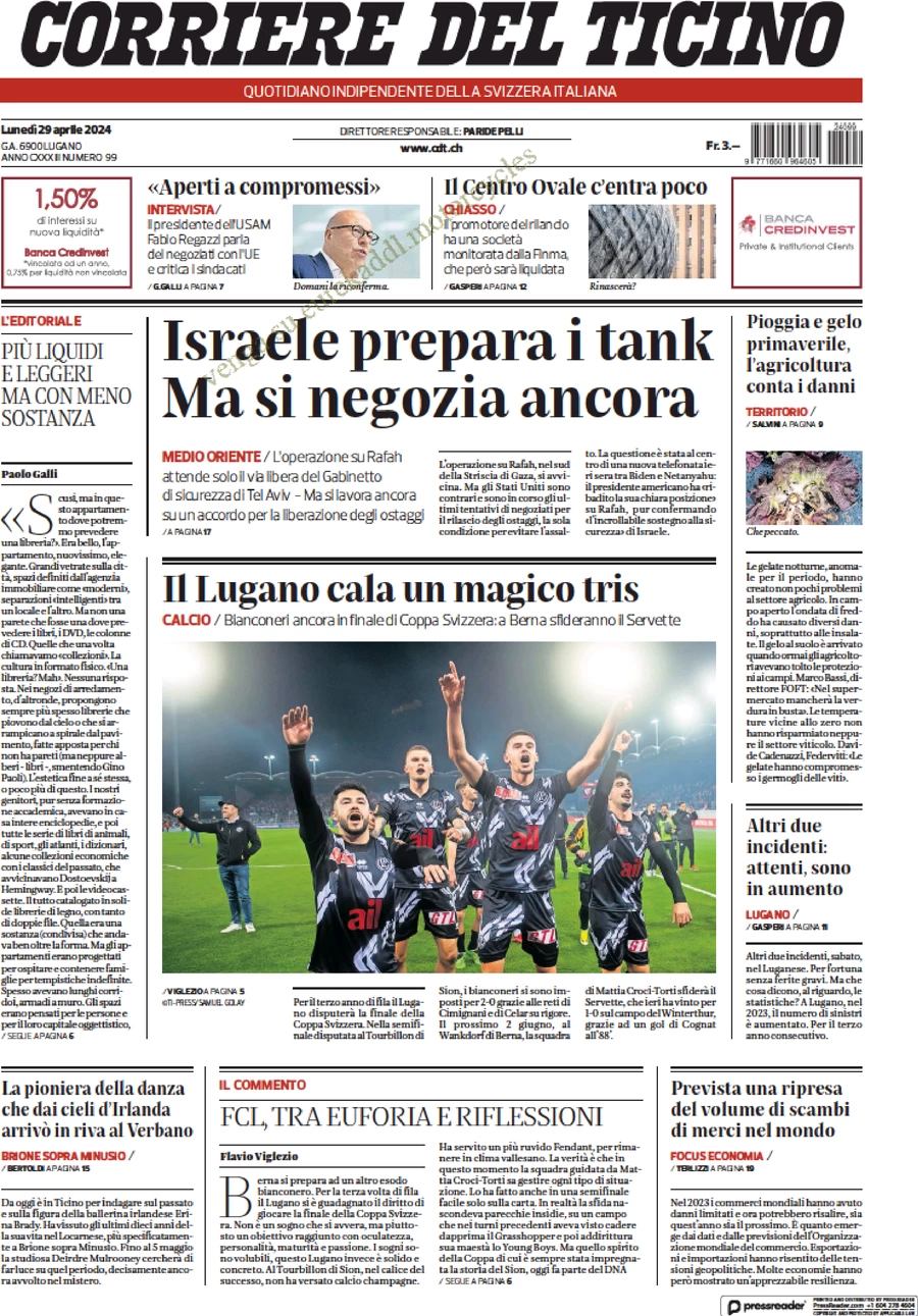 prima pagina - Corriere del Ticino del 29/04/2024