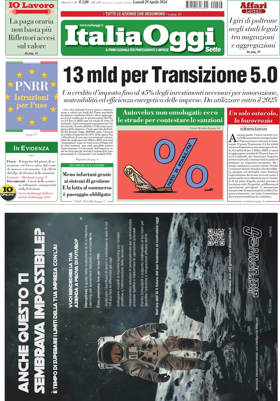 prima pagina - ItaliaOggi del 29/04/2024