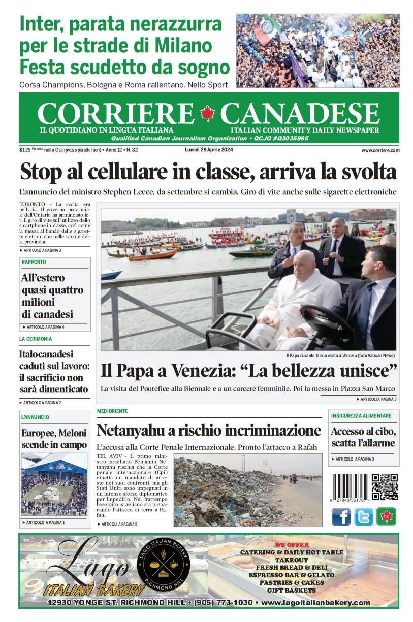 prima pagina - Corriere Canadese del 29/04/2024