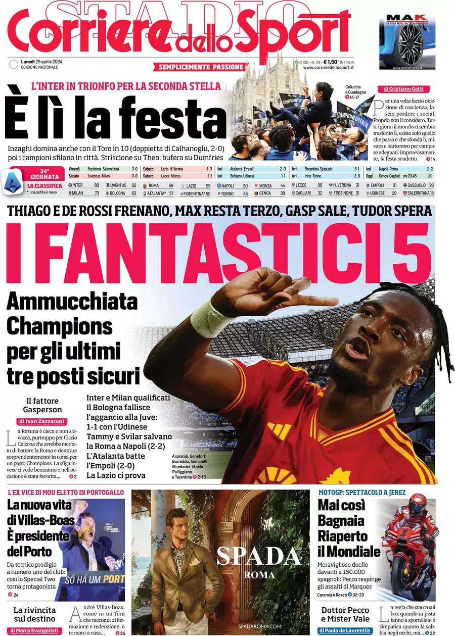 prima pagina - Corriere dello Sport del 29/04/2024