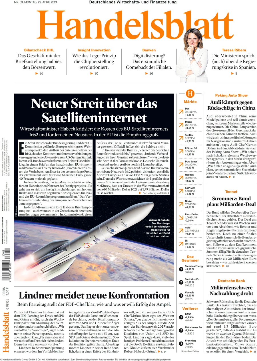 anteprima della prima pagina di handelsblatt del 29/04/2024