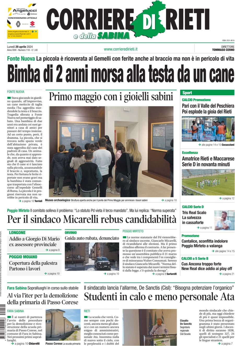 anteprima della prima pagina di corriere-di-rieti-e-della-sabina del 29/04/2024