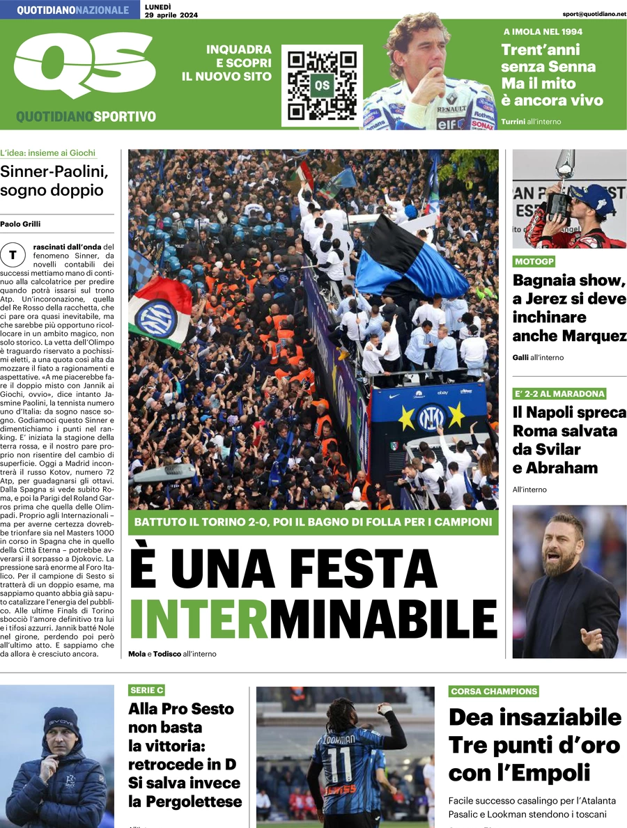 prima pagina - QS Quotidiano Sportivo del 29/04/2024