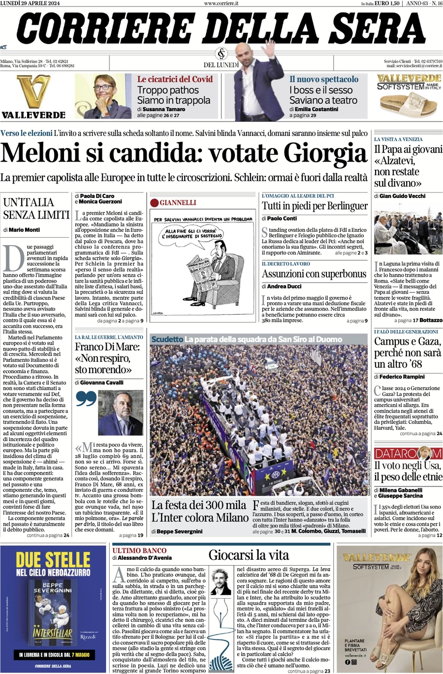 prima pagina - Corriere della Sera del 29/04/2024