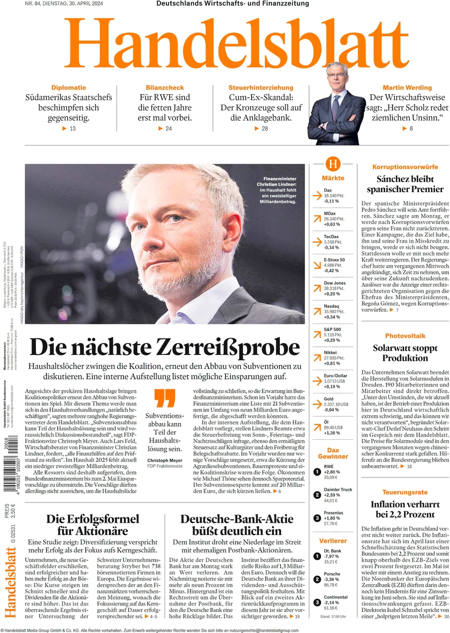 anteprima della prima pagina di handelsblatt del 30/04/2024