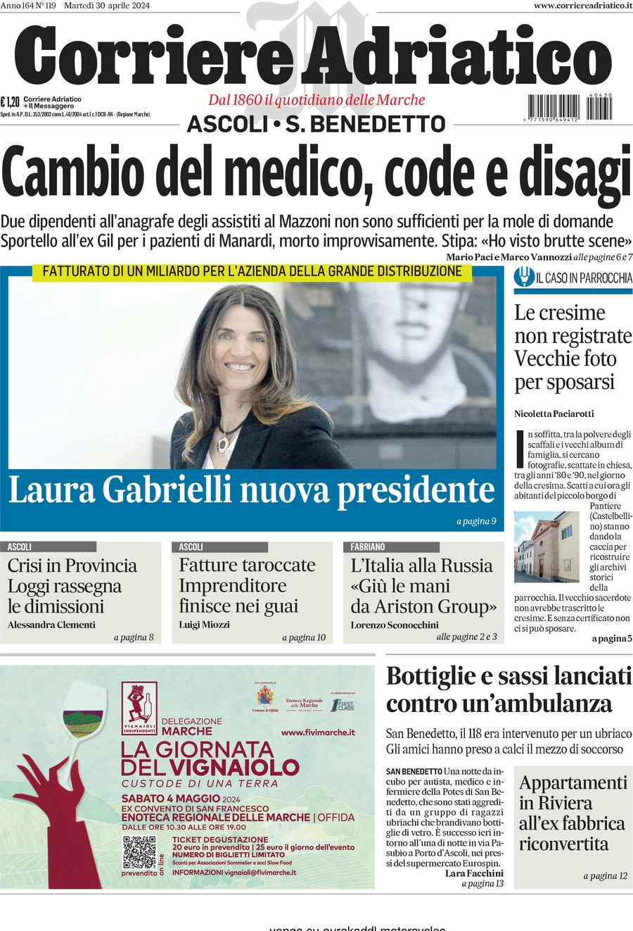 anteprima della prima pagina di corriere-adriatico-ascoli del 30/04/2024