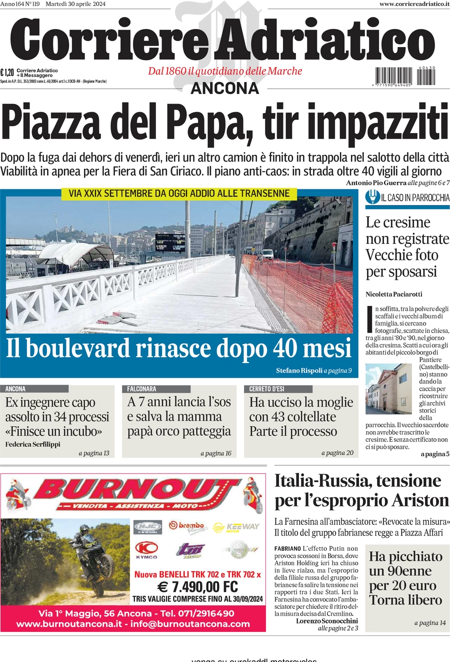 anteprima della prima pagina di corriere-adriatico-ancona del 30/04/2024