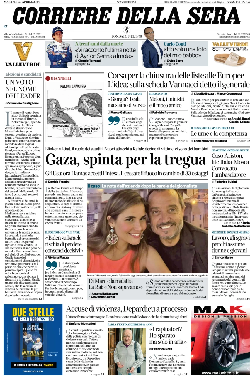 prima pagina - Corriere della Sera del 30/04/2024