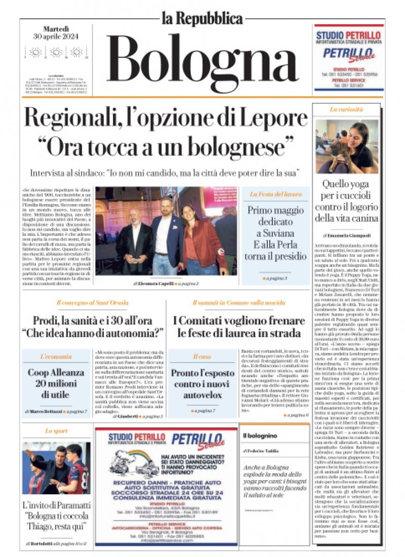 anteprima della prima pagina di la-repubblica-bologna del 30/04/2024