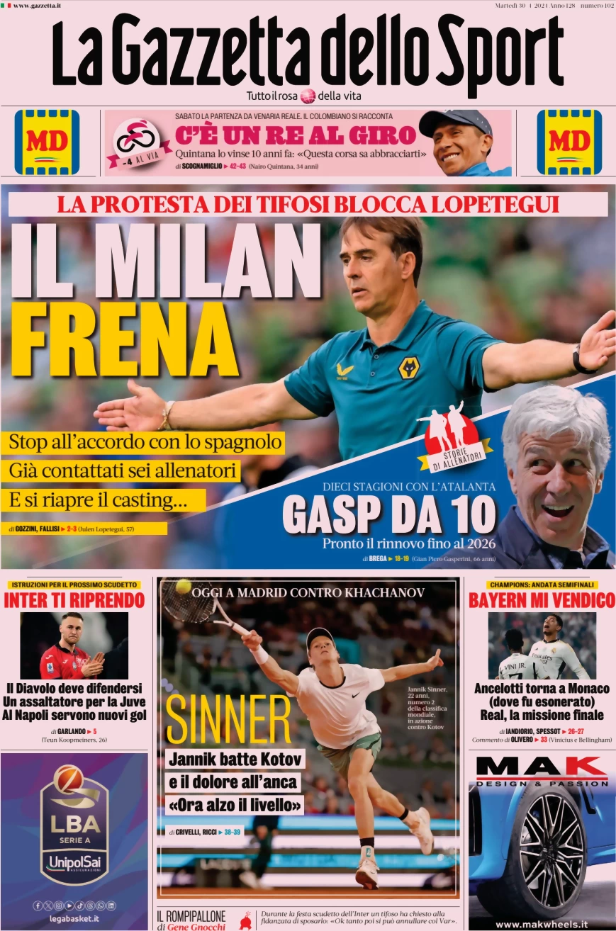 prima pagina - La Gazzetta dello Sport del 30/04/2024