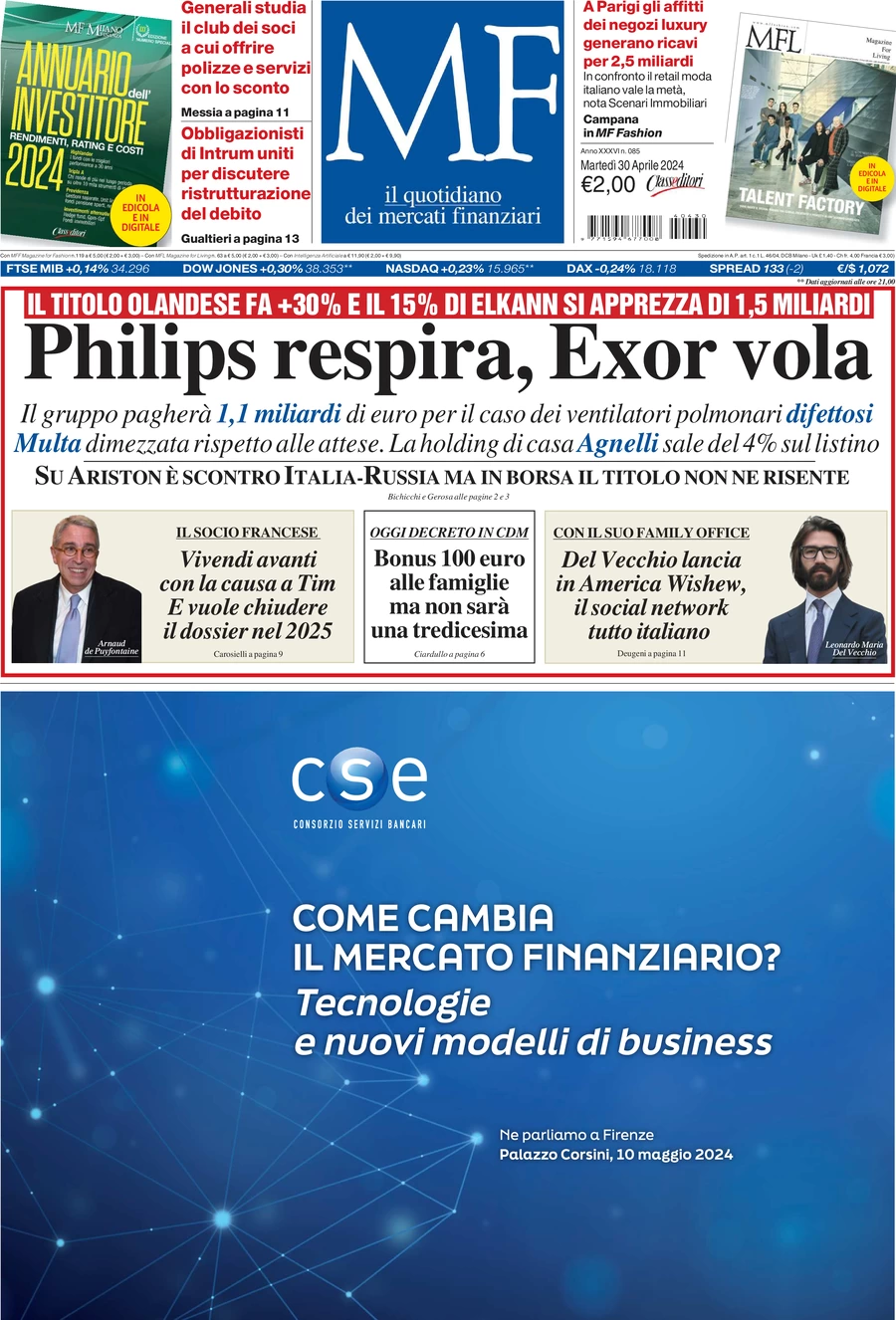 prima pagina - MF Milano Finanza del 30/04/2024