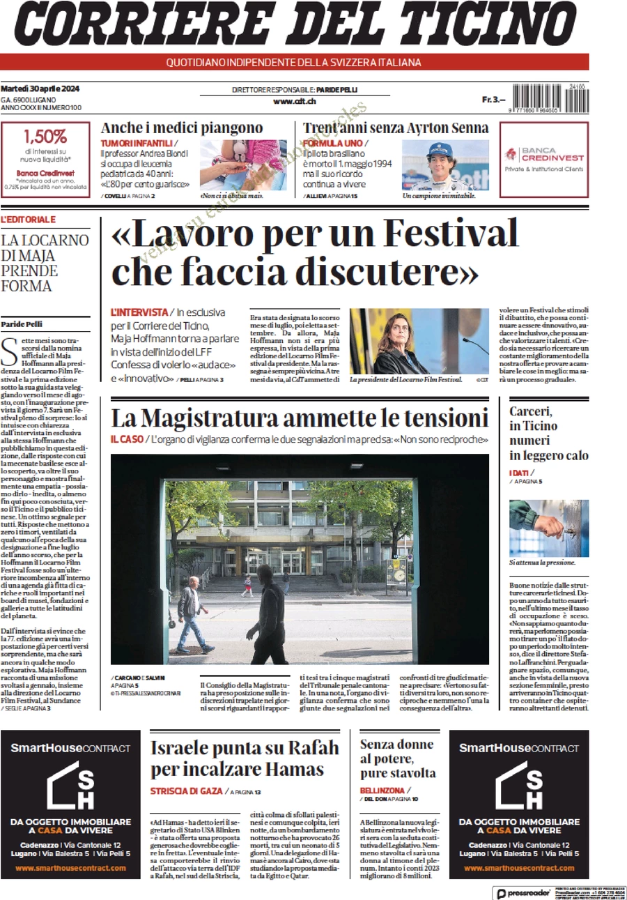 prima pagina - Corriere del Ticino del 30/04/2024