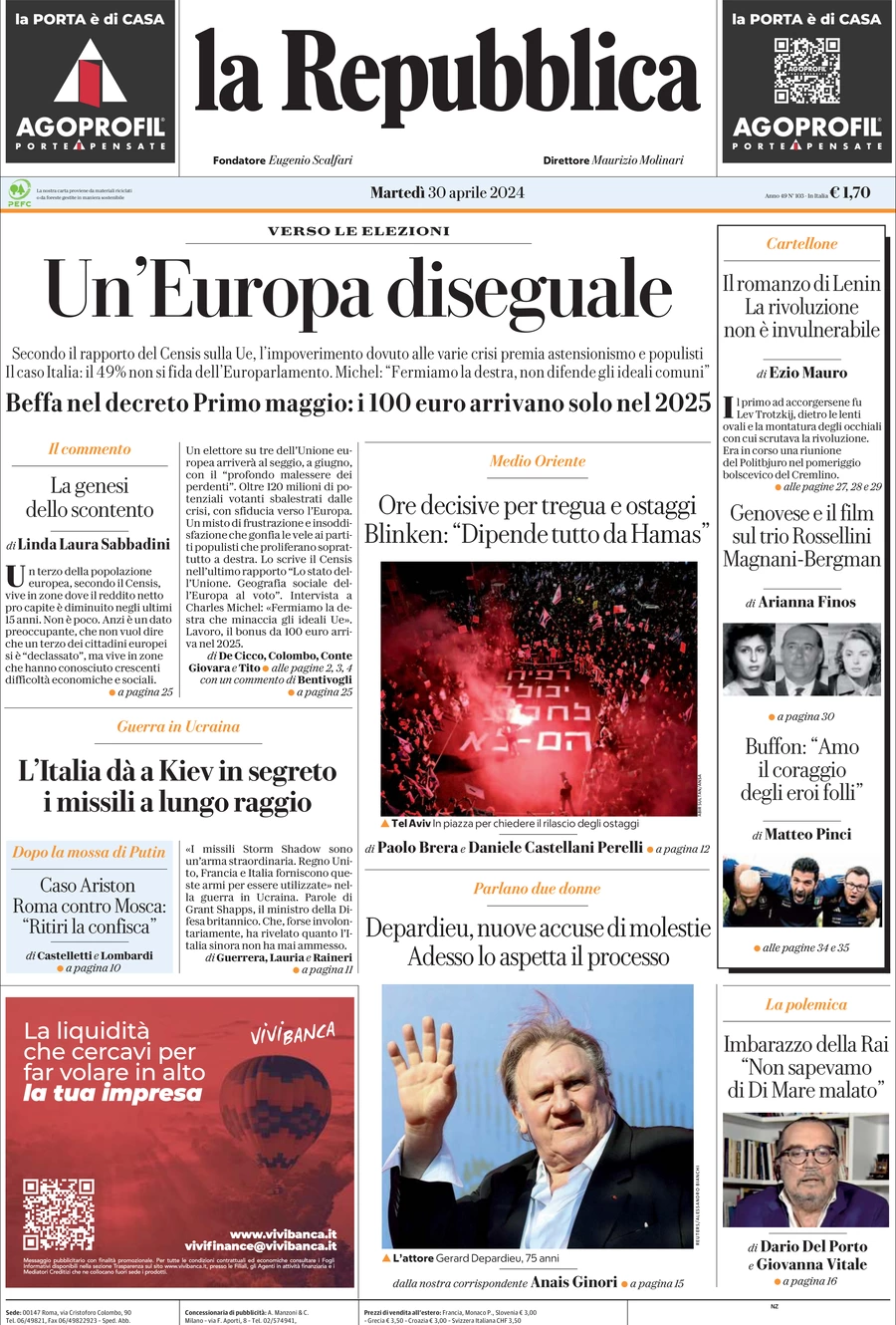 prima pagina - La Repubblica del 30/04/2024