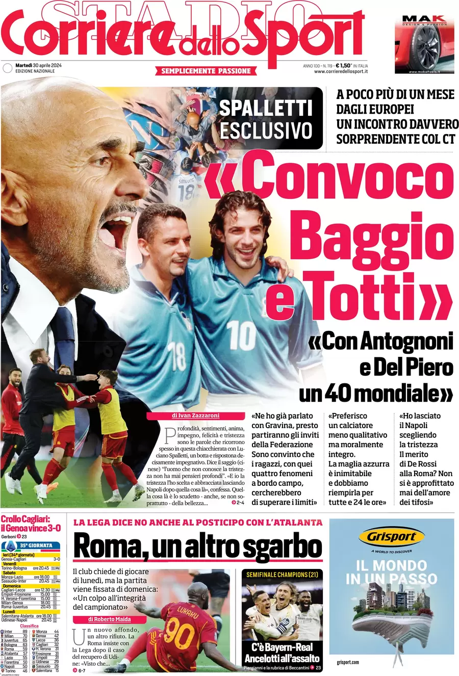 prima pagina - Corriere dello Sport del 30/04/2024