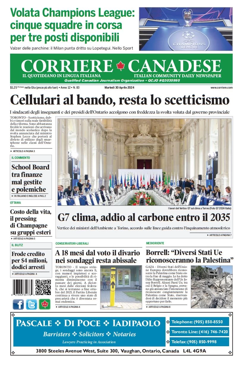 prima pagina - Corriere Canadese del 30/04/2024