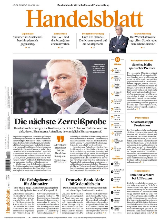 anteprima della prima pagina di handelsblatt del 01/05/2024
