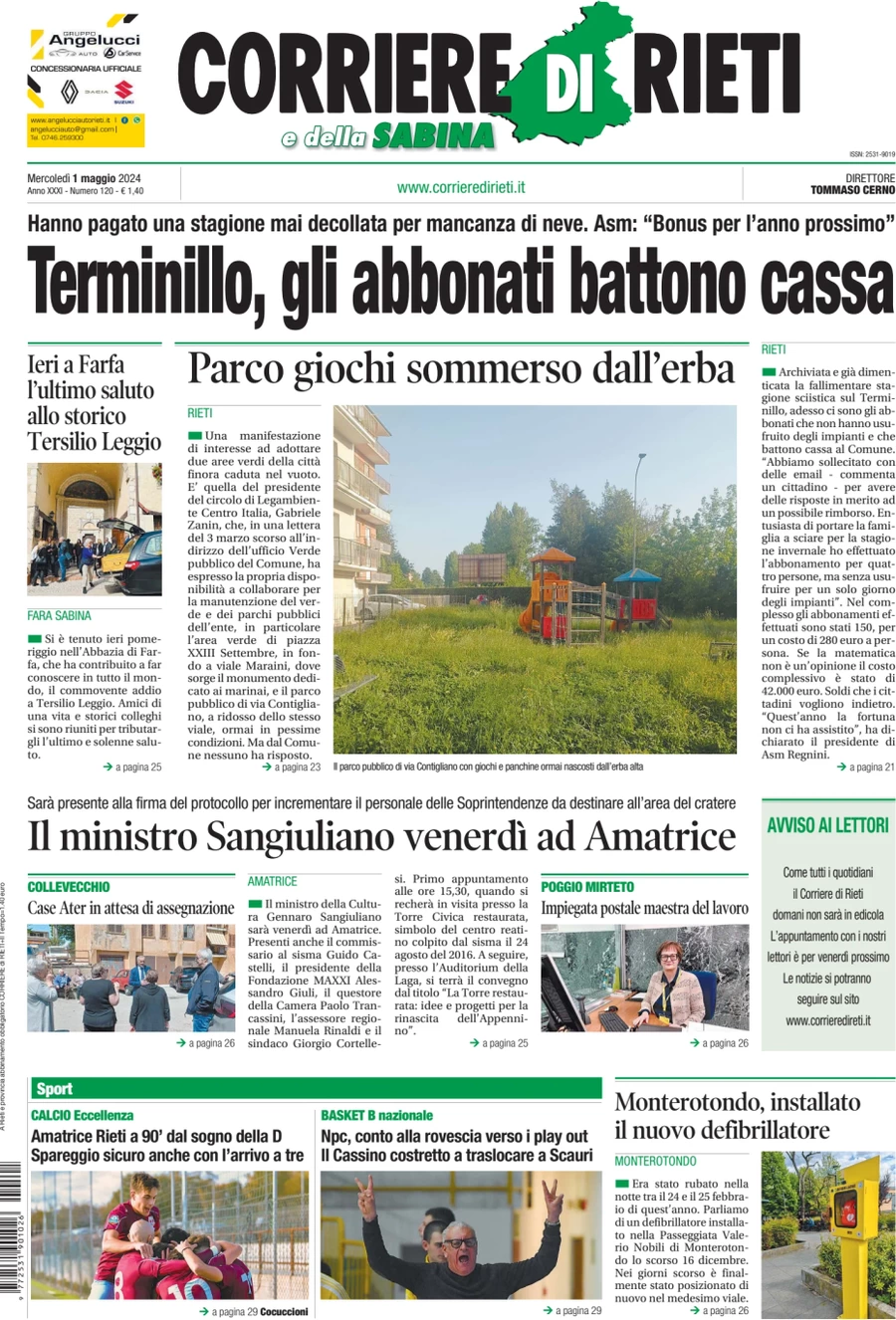 anteprima della prima pagina di corriere-di-rieti-e-della-sabina del 01/05/2024