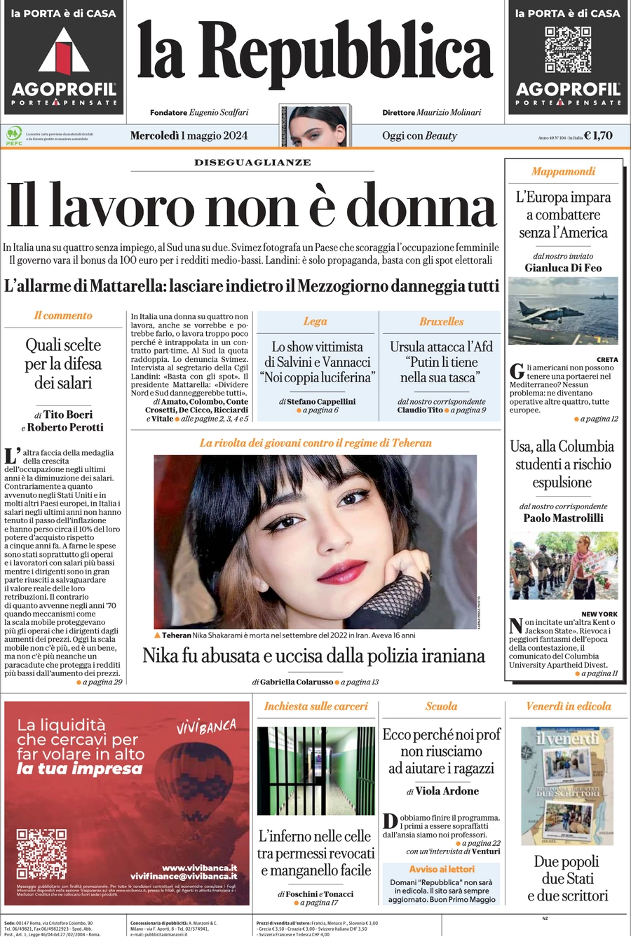 prima pagina - La Repubblica del 01/05/2024
