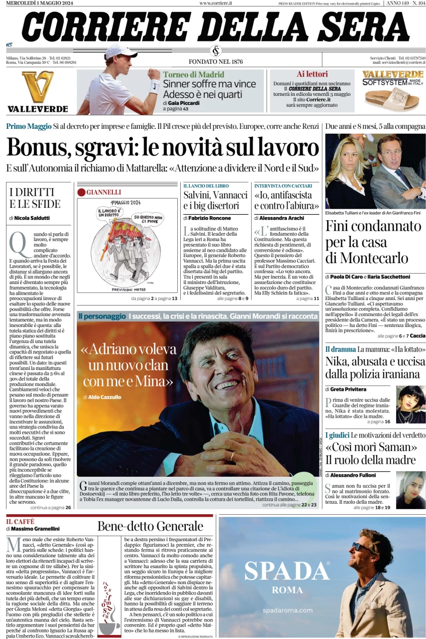 prima pagina - Corriere della Sera del 01/05/2024
