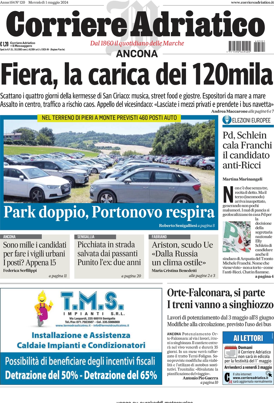 anteprima della prima pagina di corriere-adriatico-ancona del 01/05/2024