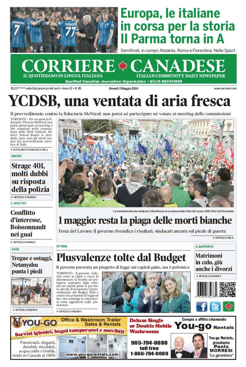 prima pagina - Corriere Canadese del 02/05/2024