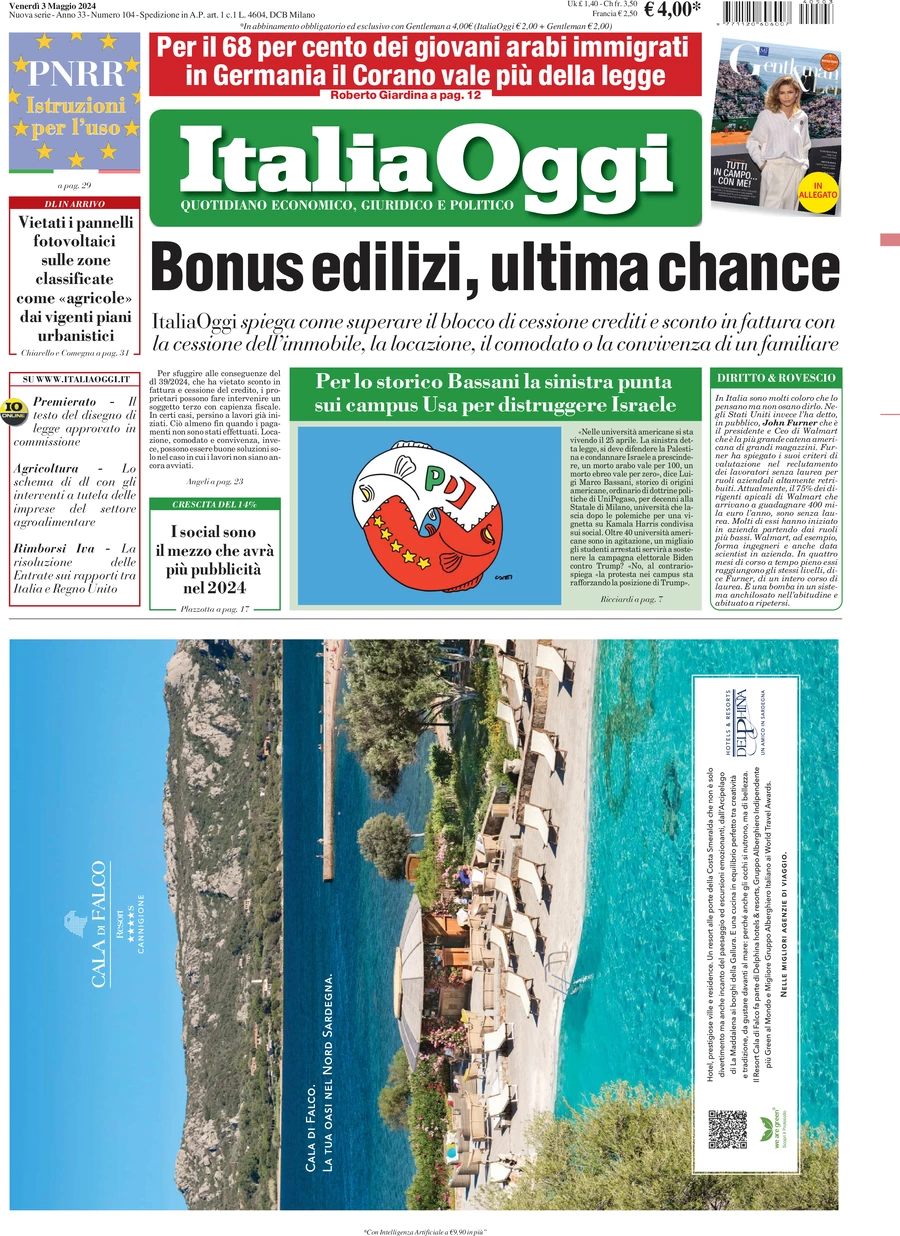 prima pagina - ItaliaOggi del 03/05/2024