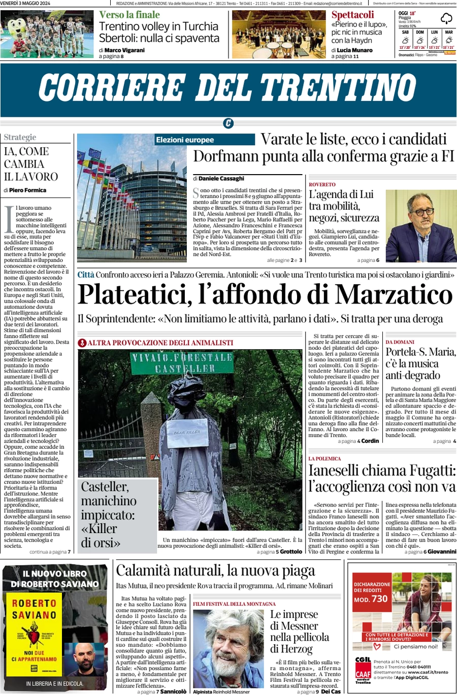 anteprima della prima pagina di corriere-del-trentino del 03/05/2024
