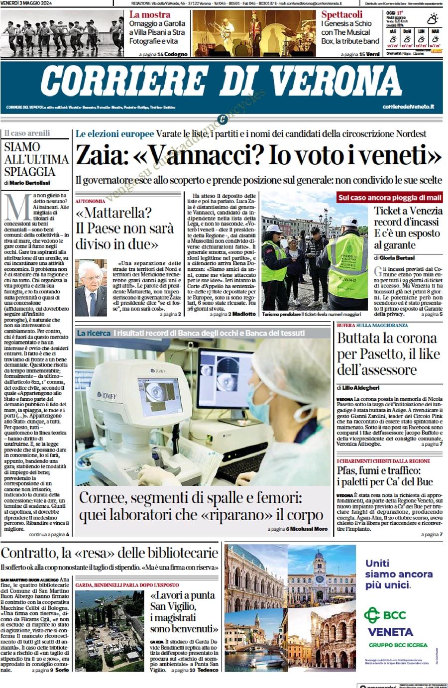 anteprima della prima pagina di corriere-di-verona del 03/05/2024