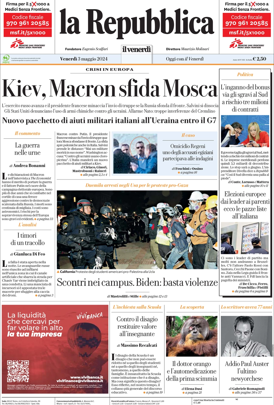 prima pagina - La Repubblica del 03/05/2024