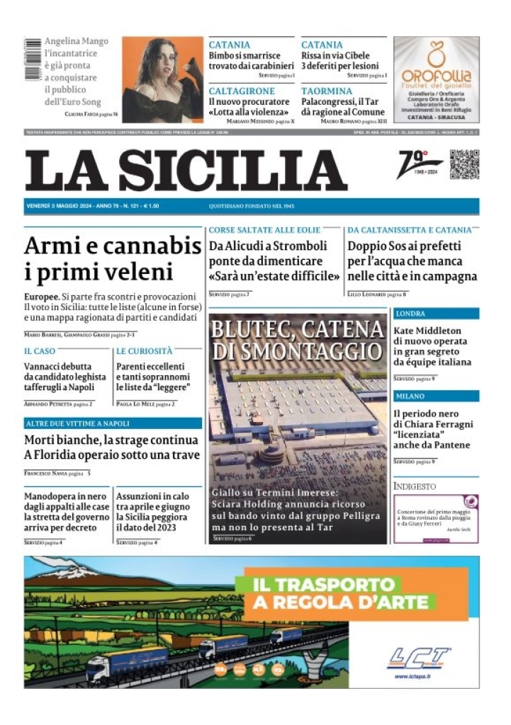 anteprima della prima pagina di la-sicilia del 03/05/2024