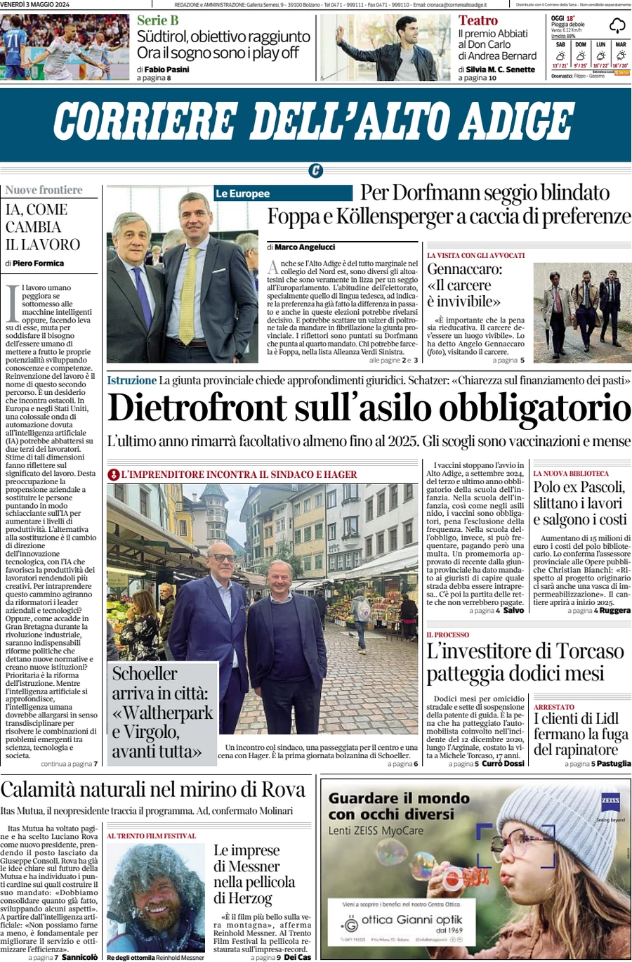 anteprima della prima pagina di corriere-dellalto-adige del 03/05/2024