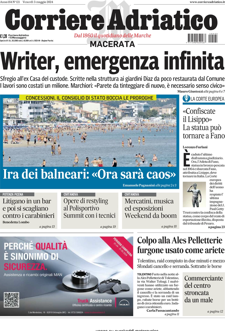 anteprima della prima pagina di corriere-adriatico-macerata del 03/05/2024