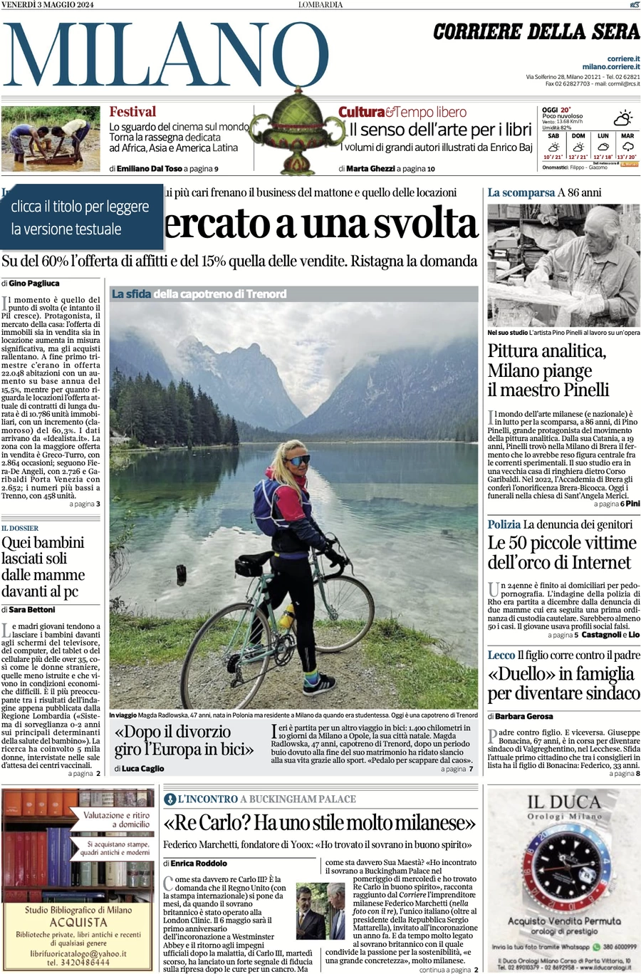 anteprima della prima pagina di corriere-della-sera-milano del 03/05/2024